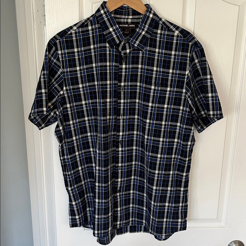 Michael Kors Large Navy and White Striped Checkered Shirt